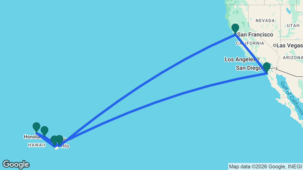 Route map: San Francisco -> Hilo -> Honolulu -> Kauai -> Kona -> Ensenada -> San Francisco