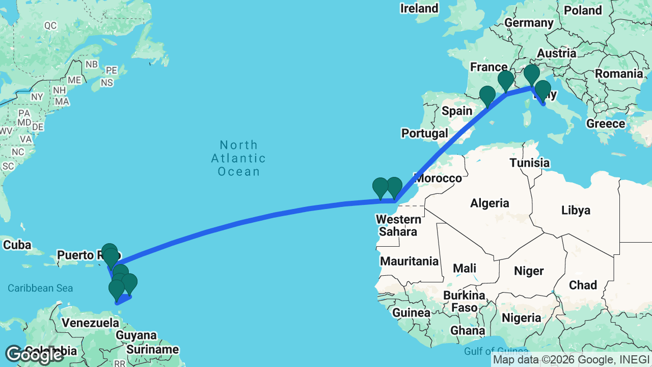 Route map: Rome -> La Spezia -> Marseille -> Barcelona -> Fuerteventura -> Tenerife -> St. Maarten -> St. Kitts -> St. Vincent -> Barbados -> Grenada -> Martinique
