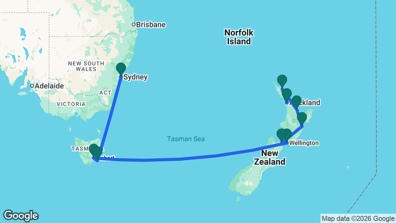 Route map: Sydney -> Port Arthur -> Hobart -> Wellington -> Picton -> Napier -> Tauranga -> Bay of Islands -> Auckland