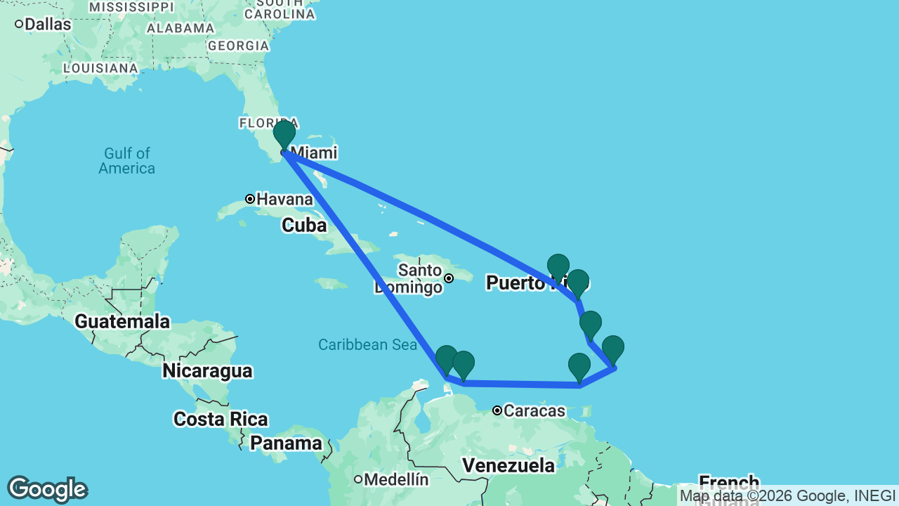 Route map: Miami -> Aruba -> Curaçao -> Grenada -> Barbados -> Martinique -> Antigua -> St. Maarten -> Miami