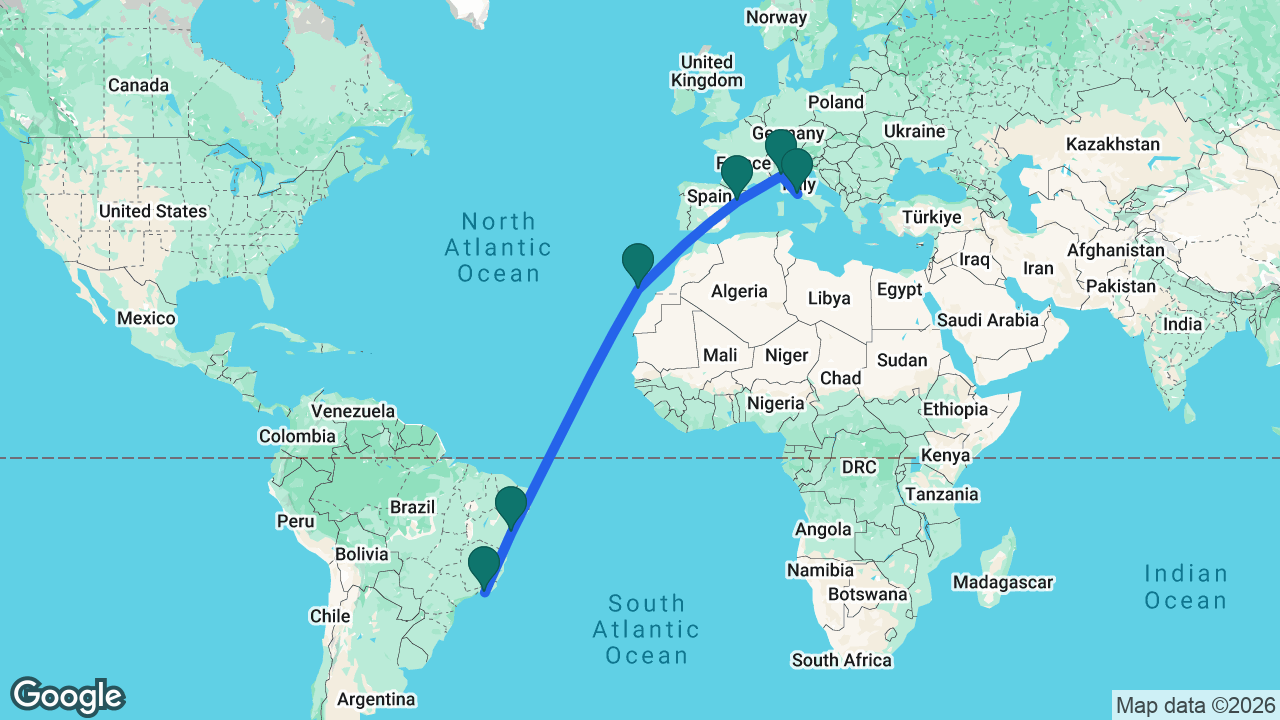 Route map: Rome -> Genoa -> Tarragona -> Tenerife -> Salvador -> Rio