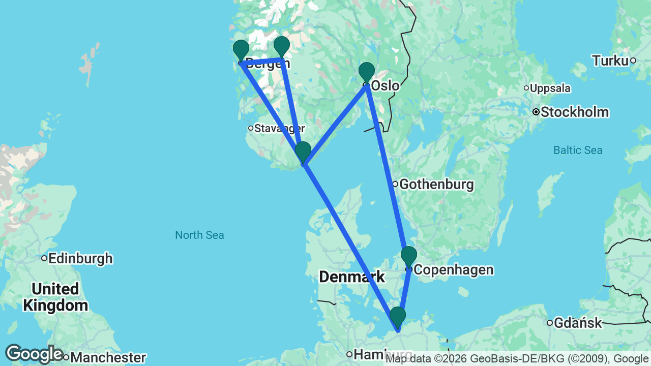 Route map: Berlin -> Bergen -> Eidfjord -> Kristiansand -> Oslo -> Copenhagen -> Berlin