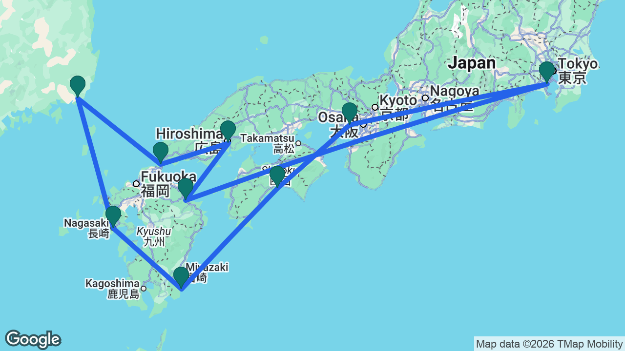 Route map: Tokyo -> Beppu -> Hiroshima -> Kanmon Strait -> Busan -> Nagasaki -> Aburatsu -> Kochi -> Kobe -> Tokyo