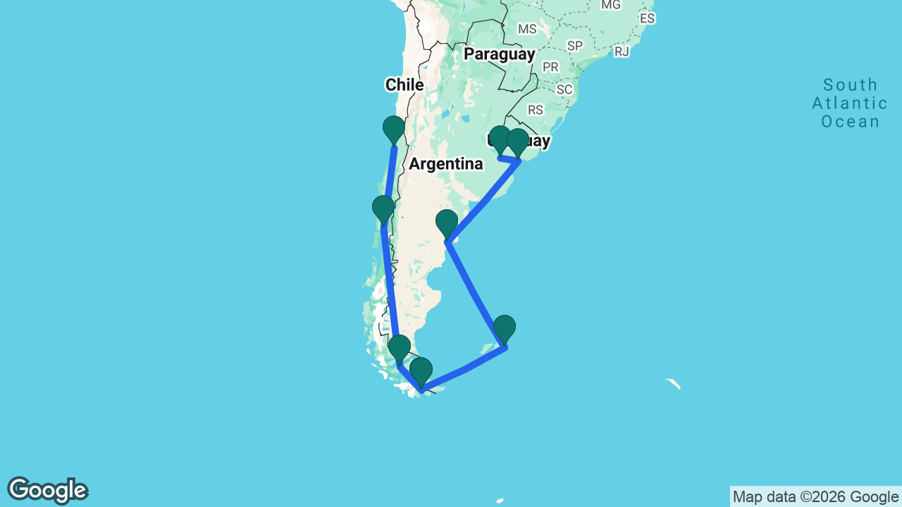 Route map: Buenos Aires -> Montevideo -> Puerto Madryn -> Port Stanley -> Ushuaia -> Beagle Channel -> Punta Arenas -> Puerto Montt -> San Antonio