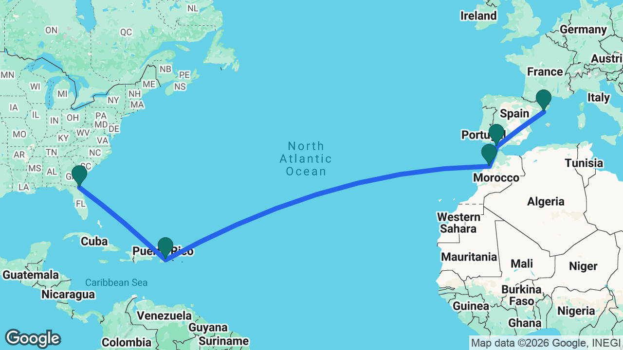 Route map: Barcelona -> Cádiz -> Casablanca -> San Juan -> Jacksonville