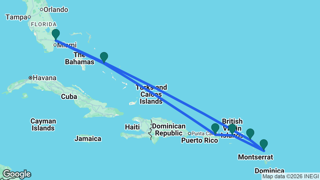Route map: Fort Lauderdale -> St. Maarten -> Antigua -> Tortola -> San Juan -> Half Moon Cay -> Fort Lauderdale
