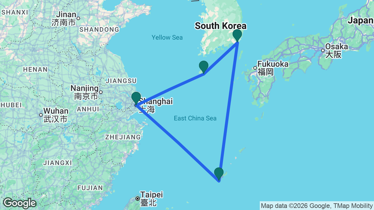 Route map: Shanghai -> Gangjeong -> Busan -> Naha -> Shanghai