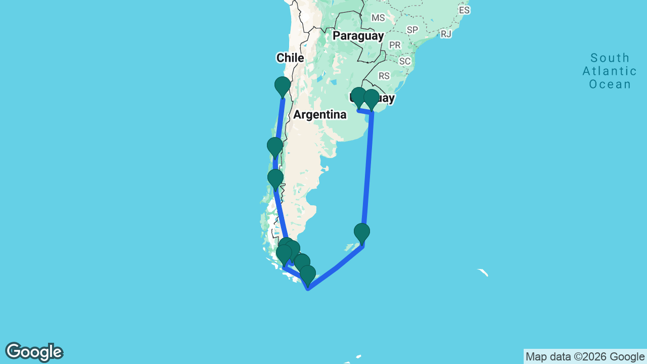 Route map: Santiago -> Puerto Montt -> Puerto Chacabuco -> Strait of Magellan -> Punta Arenas -> Cockburn Channel -> Beagle Channel -> Ushuaia -> Cape Horn -> Port Stanley -> Montevideo -> Buenos Aires