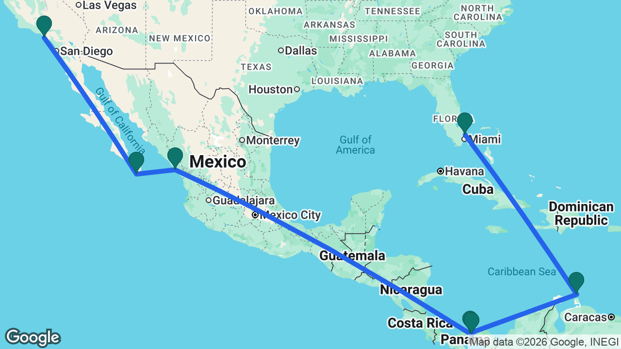 Route map: Los Angeles -> Cabo -> Mazatlán -> Panama City -> Panama Canal -> Aruba -> Fort Lauderdale