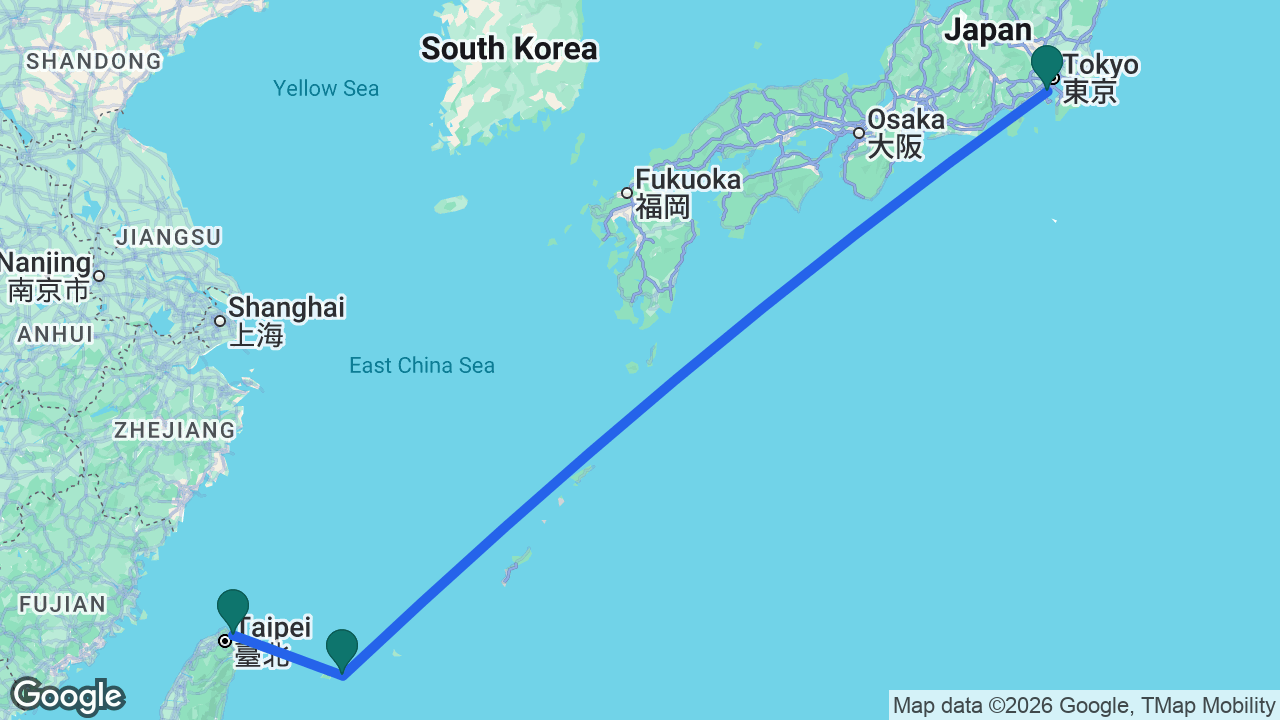 Route map: Tokyo -> Ishigaki -> Keelung