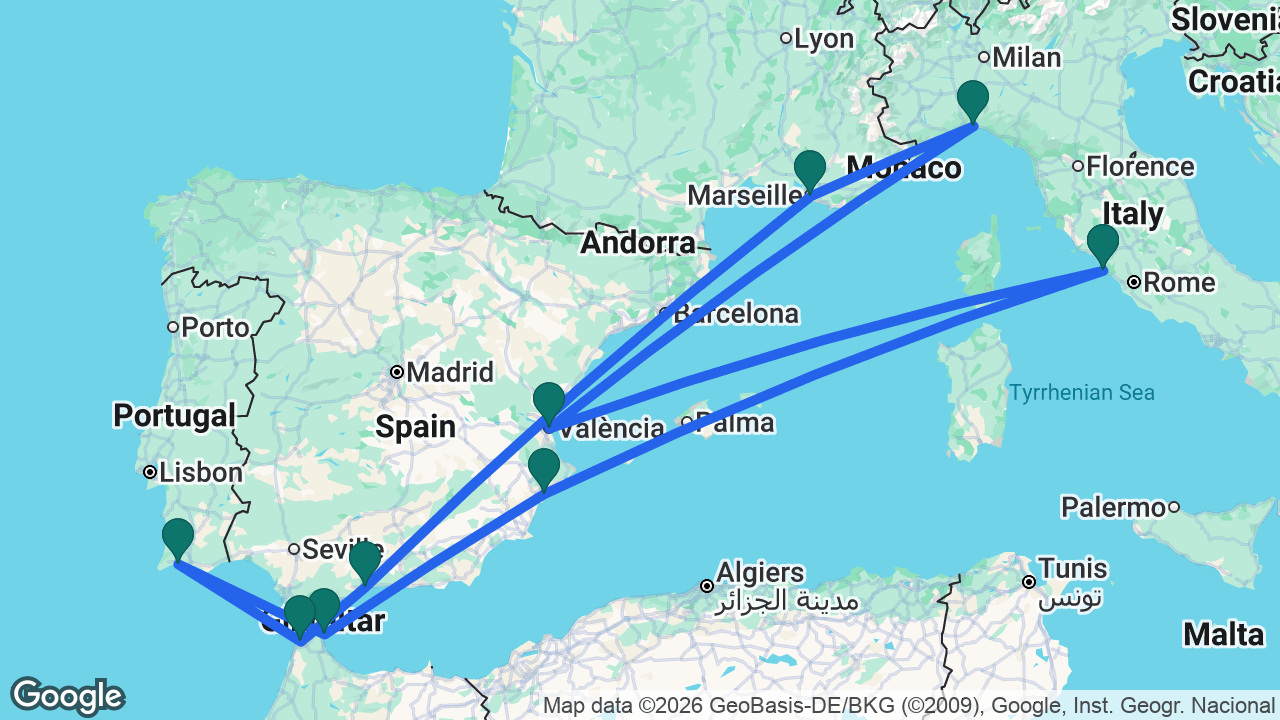 Route map: Rome -> Valencia -> Genoa -> Marseille -> Málaga -> Tangier -> Portimão -> Ceuta -> Alicante -> Rome
