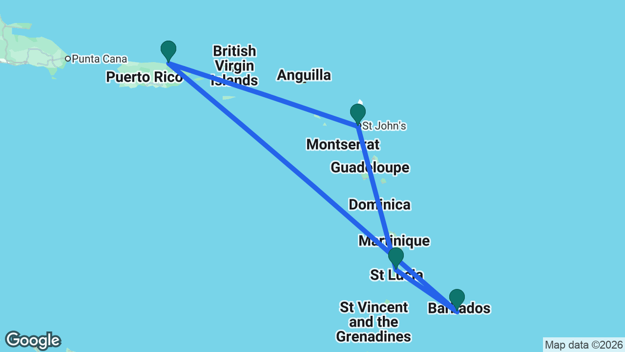 Route map: San Juan -> Barbados -> St. Lucia -> Antigua -> San Juan