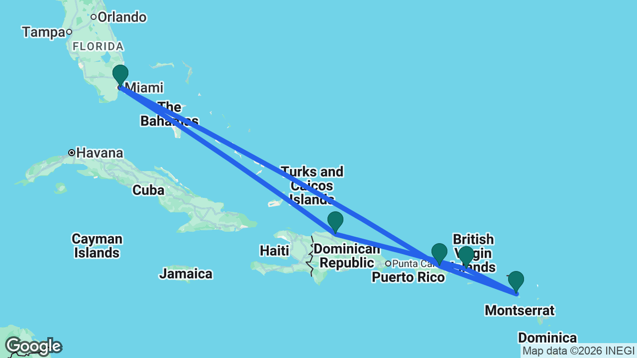 Route map: Miami -> San Juan -> St. Kitts -> St. Thomas -> Amber Cove -> Miami