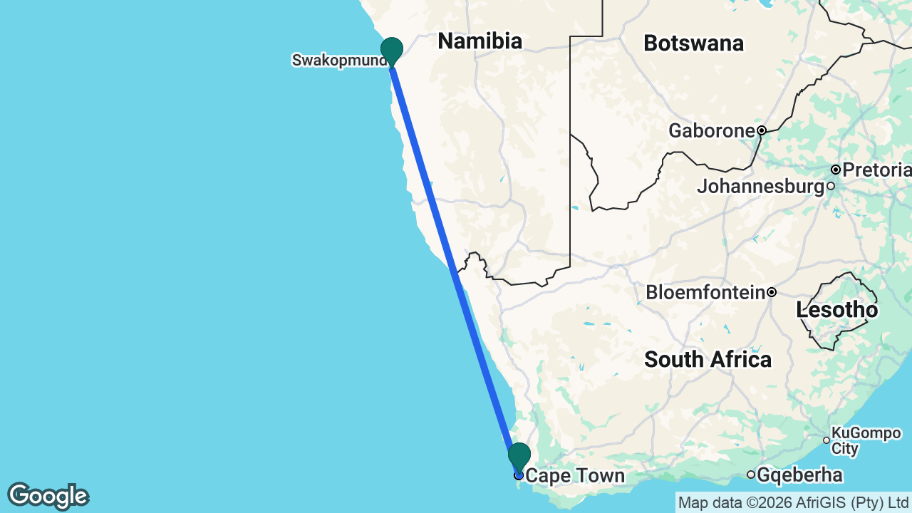 Route map: Cape Town -> Walvis Bay -> Cape Town