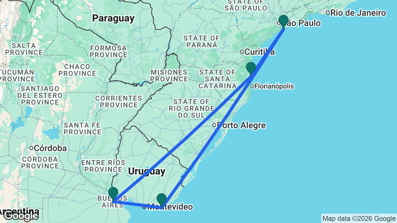 Route map: Buenos Aires -> Balneário Camboriú -> Santos -> Punta del Este -> Buenos Aires