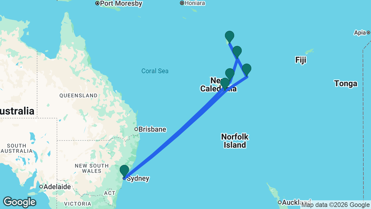 Route map: Sydney -> Nouméa -> Mystery Island -> Santo -> Port Vila -> Lifou -> Sydney