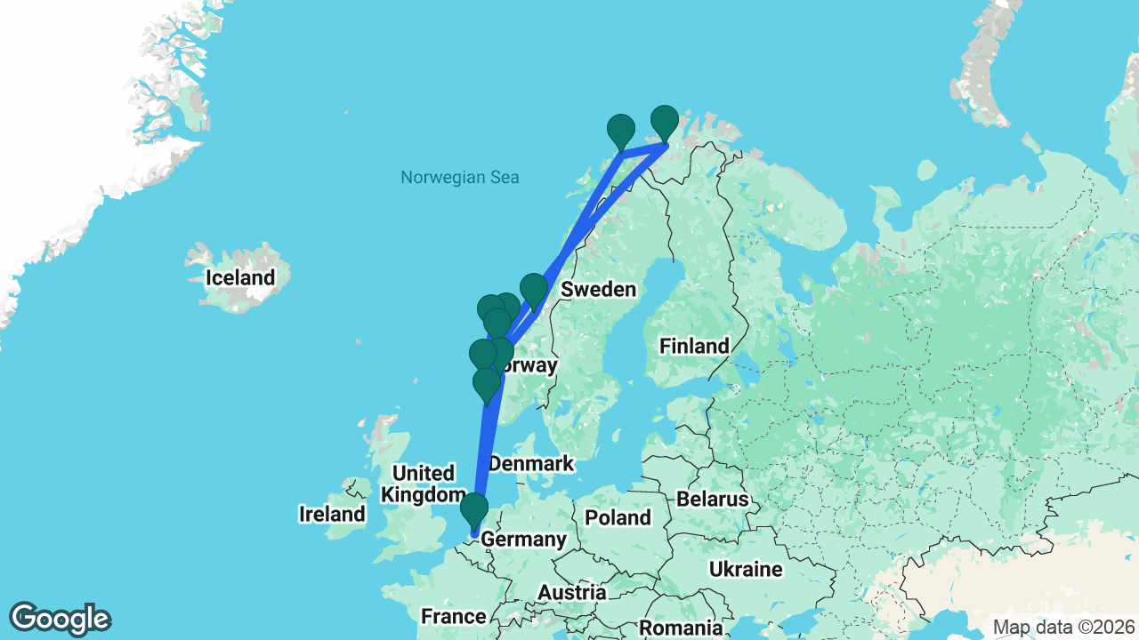 Route map: Rotterdam -> Eidfjord -> Olden -> Ålesund -> Bergen -> Trondheim -> Tromsø -> Alta -> Åndalsnes -> Stavanger -> Rotterdam