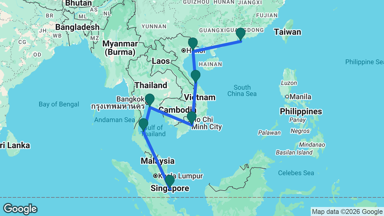 Route map: Singapore -> Koh Samui -> Bangkok -> Ho Chi Minh City -> Chan May -> Ha Long Bay -> Hong Kong