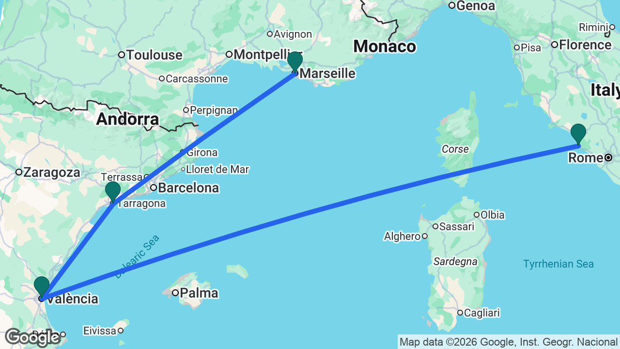 Route map: Rome -> Valencia -> Tarragona -> Marseille