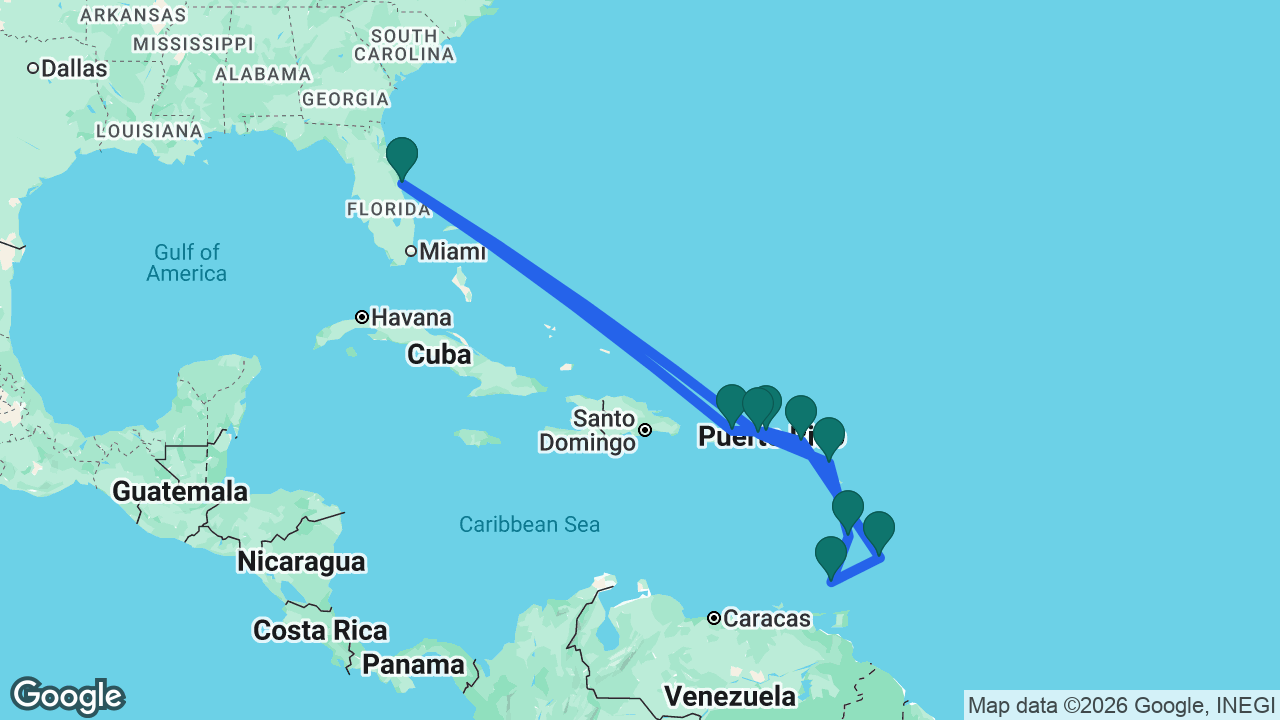 Route map: Port Canaveral -> St. Thomas -> Antigua -> St. Lucia -> Grenada -> Barbados -> St. Maarten -> Tortola -> San Juan -> Port Canaveral