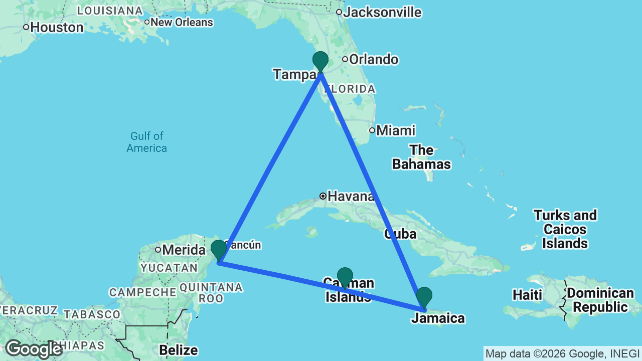 Route map: Tampa -> Cozumel -> Grand Cayman -> Montego Bay -> Tampa