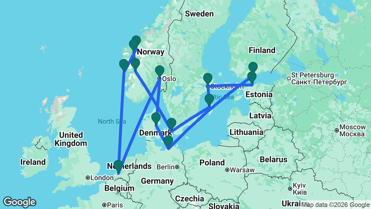 Route map: Rotterdam -> Oslo -> Aarhus -> Berlin -> Helsinki -> Tallinn -> Stockholm -> Visby -> Copenhagen -> Eidfjord -> Olden -> Geiranger -> Bergen -> Rotterdam