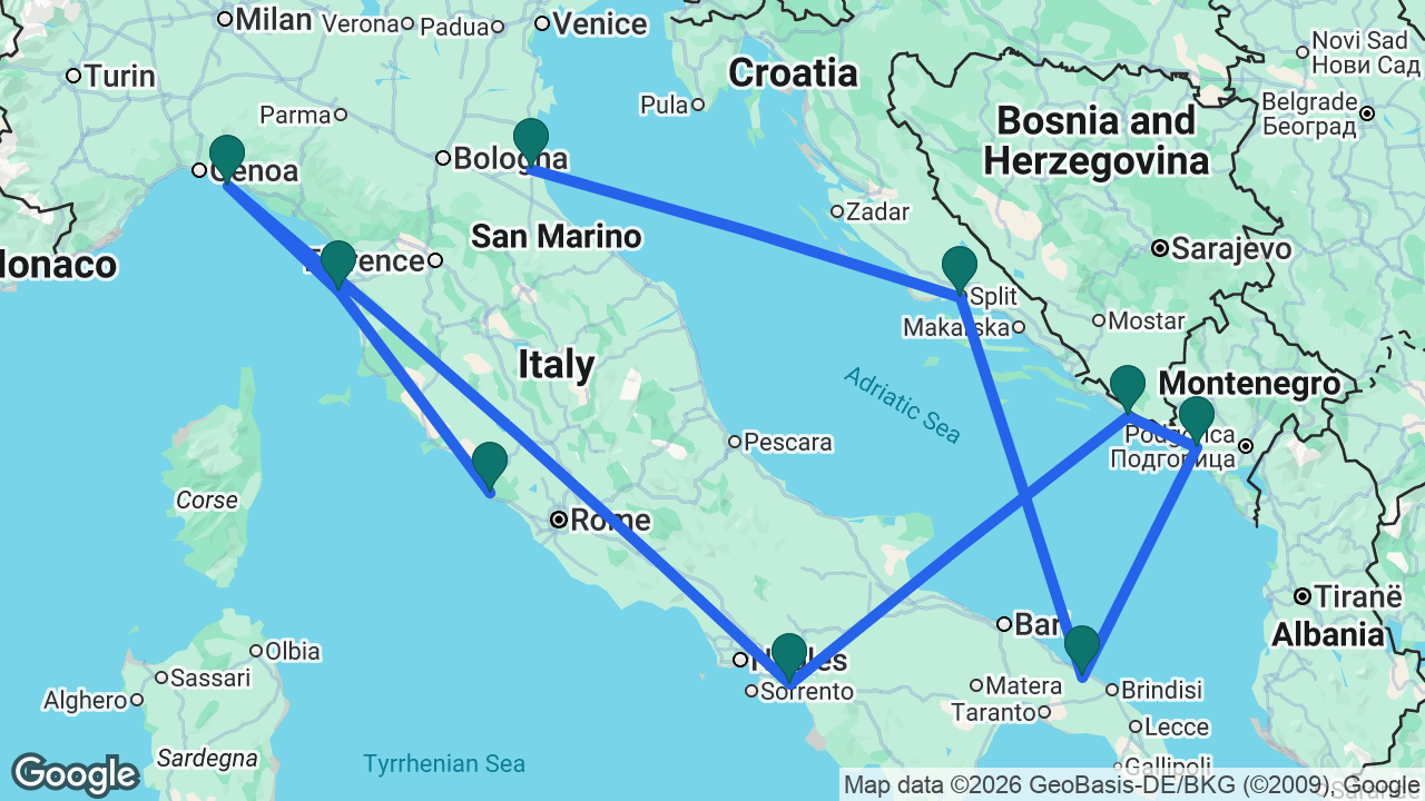 Route map: Ravenna -> Split -> Brindisi -> Kotor -> Dubrovnik -> Amalfi Coast -> Portofino -> Florence -> Rome