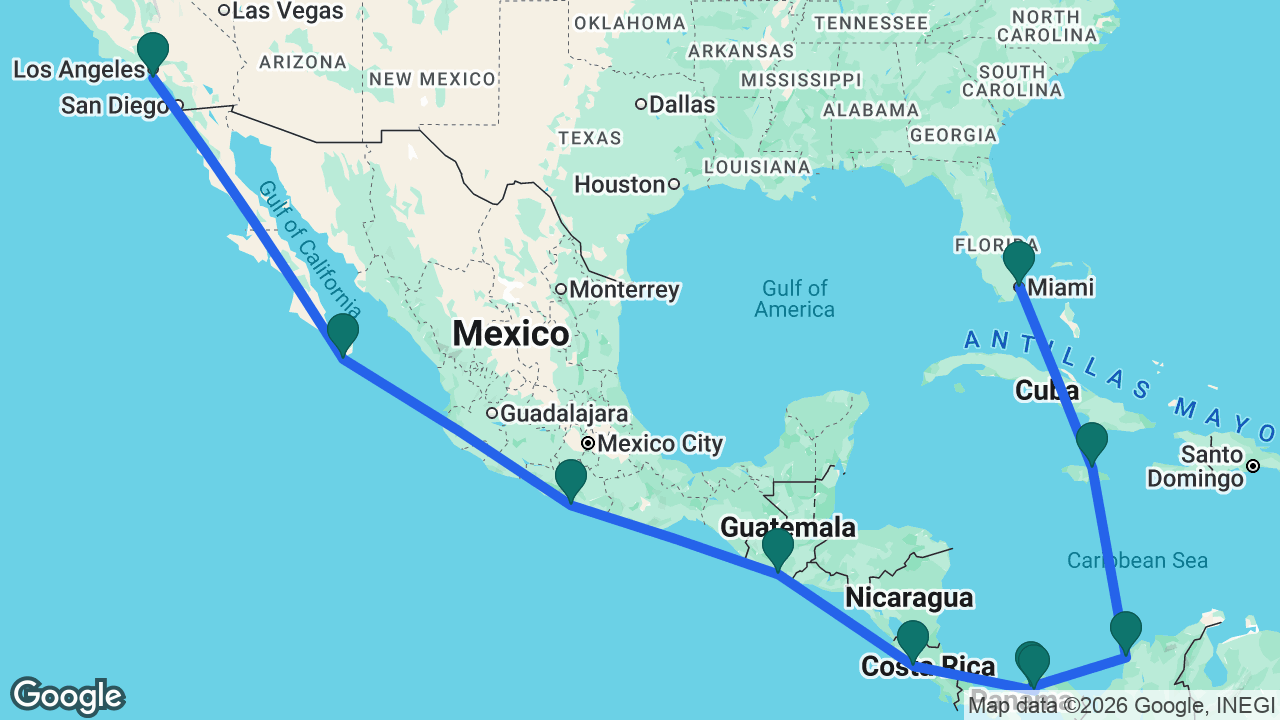Route map: Los Angeles -> Cabo -> Acapulco -> Puerto Quetzal -> Puntarenas -> Panama City -> Panama Canal -> Cartagena -> Ocho Rios -> Miami