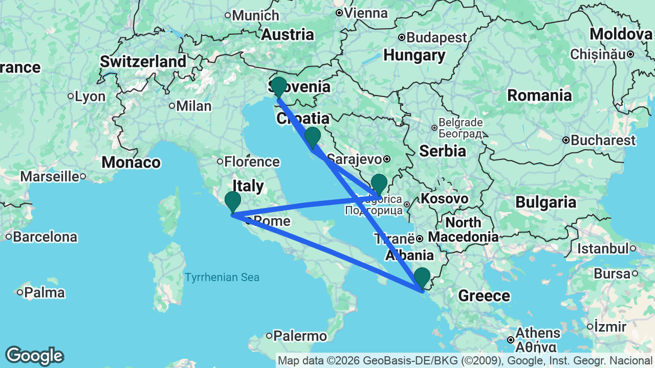 Route map: Rome -> Corfu -> Trieste -> Zadar -> Dubrovnik -> Rome