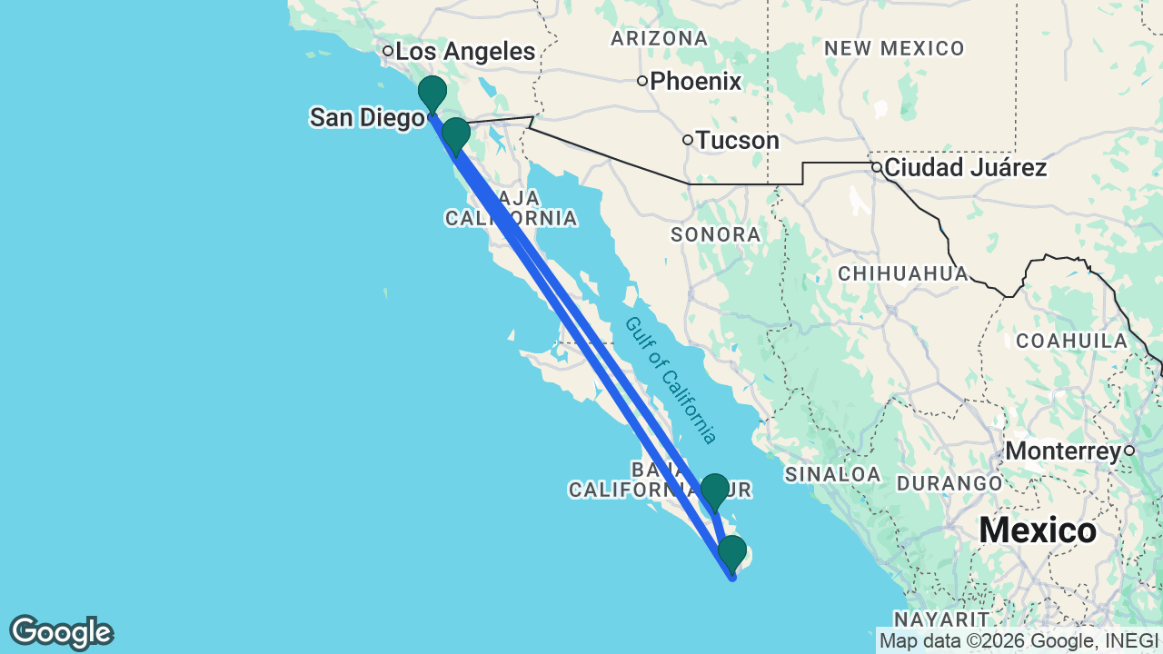 Route map: San Diego -> Ensenada -> Cabo -> La Paz -> San Diego