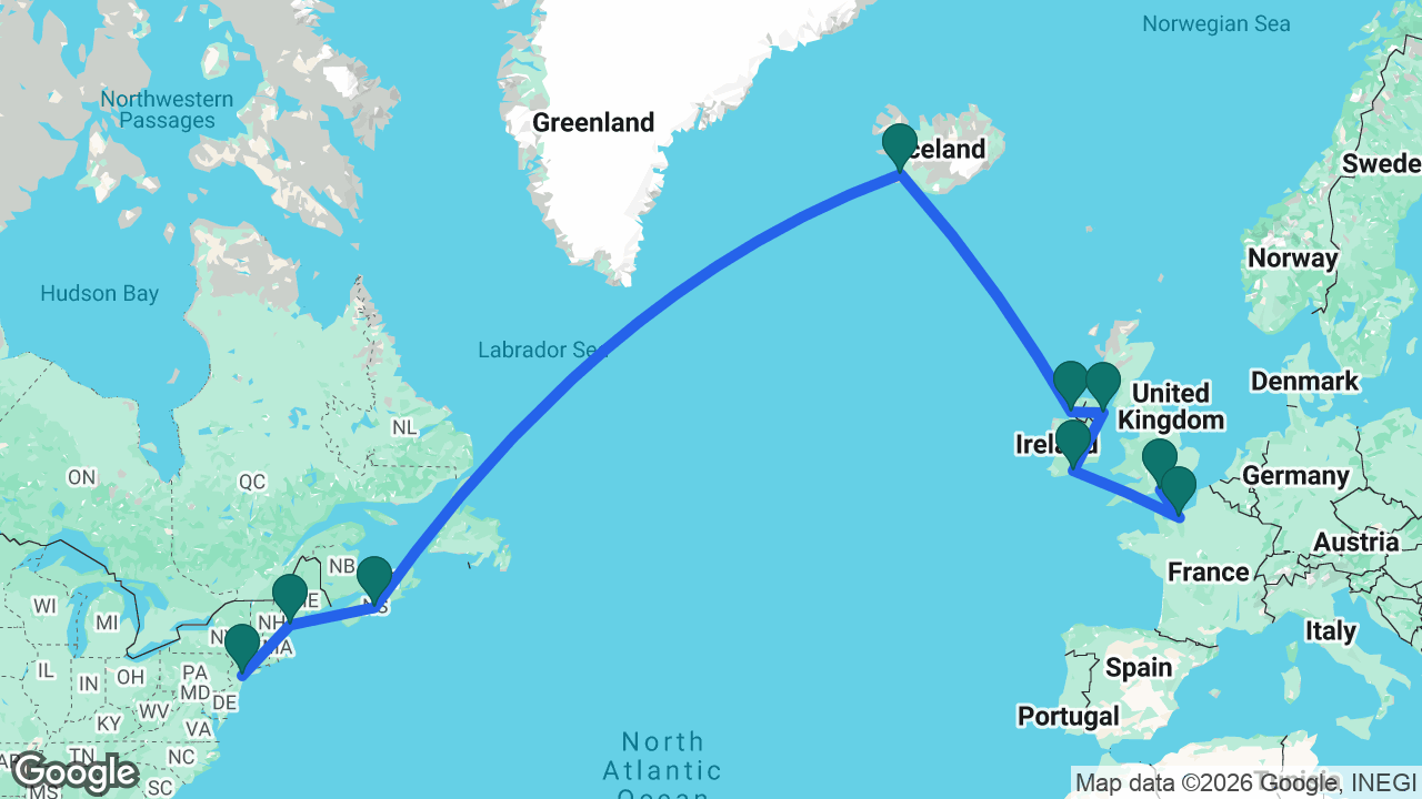 Route map: New York -> Portland -> Halifax -> Reykjavik -> Killybegs -> Belfast -> Cobh -> Paris -> Southampton