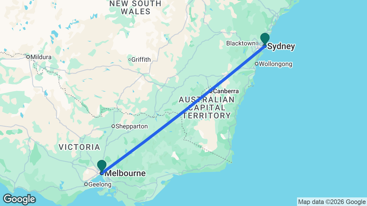 Route map: Melbourne -> Sydney