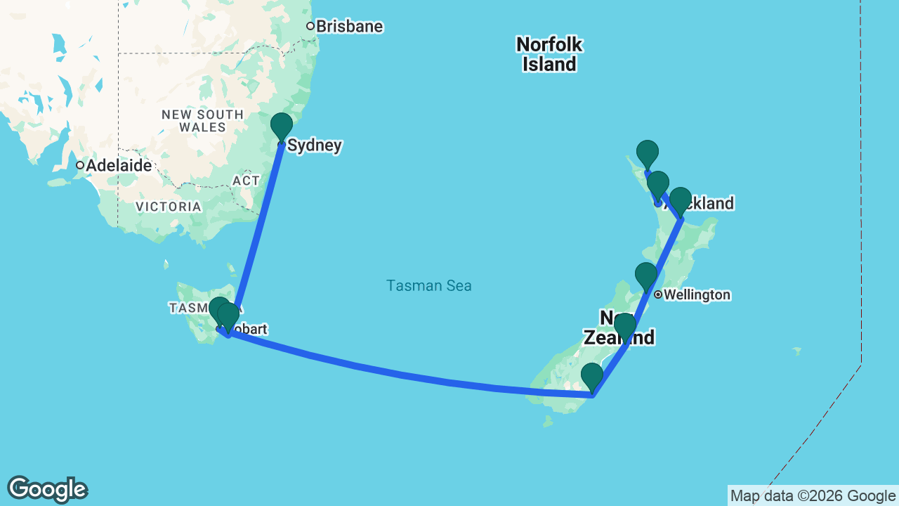 Route map: Auckland -> Bay of Islands -> Tauranga -> Picton -> Christchurch -> Dunedin -> Hobart -> Port Arthur -> Sydney