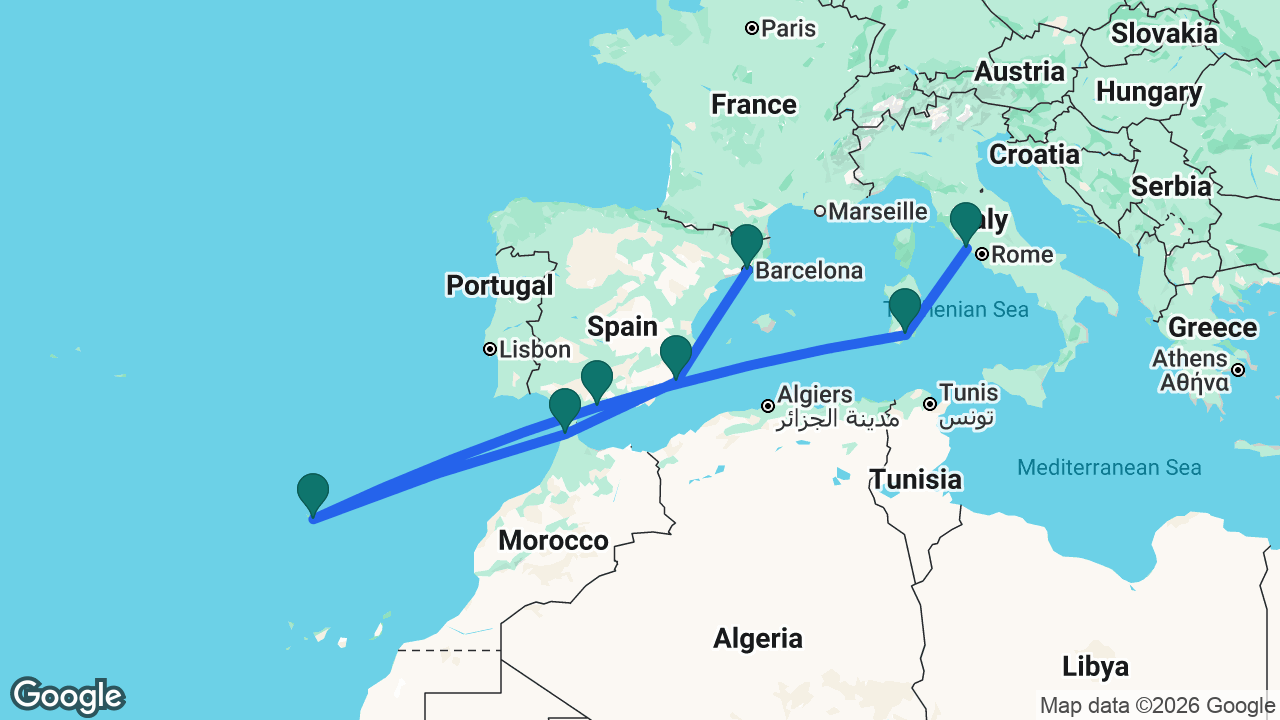 Route map: Barcelona -> Cartagena -> Tangier -> Madeira -> Málaga -> Cagliari -> Rome