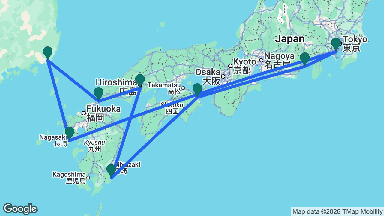 Route map: Tokyo -> Nagasaki -> Busan -> Kanmon Strait -> Hiroshima -> Aburatsu -> Tokushima -> Mount Fuji -> Tokyo