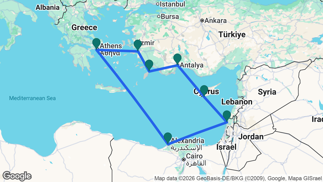 Route map: Athens -> Alexandria -> Haifa -> Limassol -> Antalya -> Rhodes -> Ephesus -> Athens
