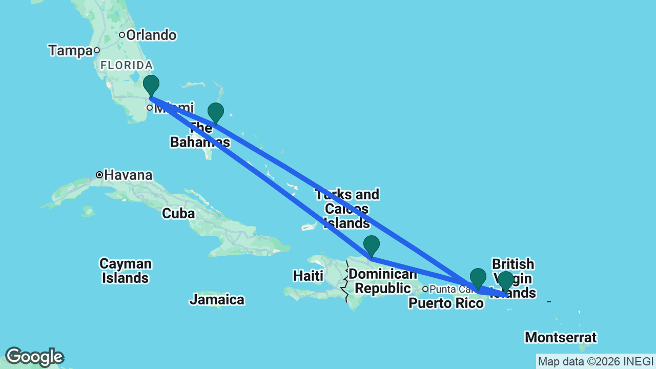 Route map: Fort Lauderdale -> Puerto Plata -> St. Thomas -> San Juan -> Nassau -> Fort Lauderdale