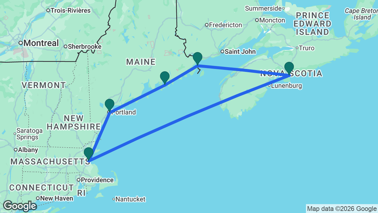 Route map: Boston -> Portland -> Bar Harbor -> Eastport -> Halifax -> Boston
